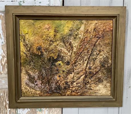 Original MCM Dried Flower Oil Painting Collage, Artist Dorothy Chapla