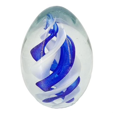 Blue & White Ribbon Swirl Art Glass Egg Paperweight