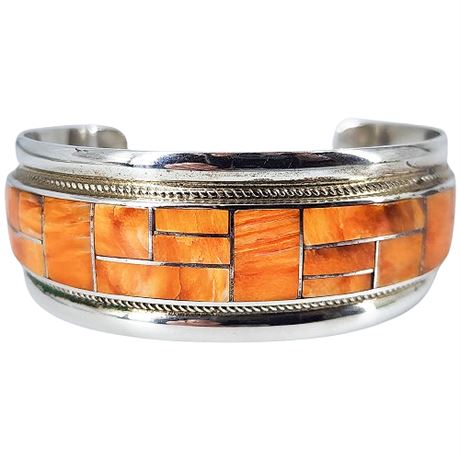 Signed Rickell & Glendora Booqa Zuni Sterling Silver Spiny Oyster Cuff Bracelet