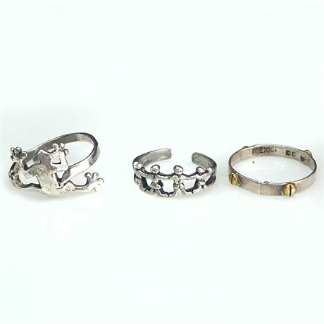 (3) Vintage Sterling Silver Rings Frog, People Holding Hands Toe Ring & Band