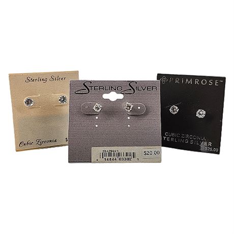 3 Pairs NEW Sterling Silver CZ Stud Earrings