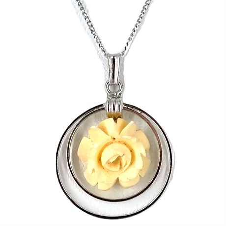 Sterling Silver Floral Pendant Necklace with Carved Rose