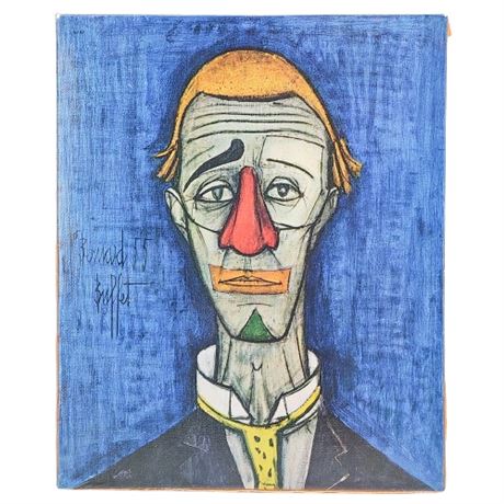 Vintage Bernard Buffet "Tete the Clown" Modernist Canvas Art Print, Signed