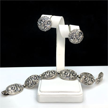 Vintage Sterling Silver Floral Panel Link Bracelet & Earrings Set