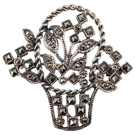 Vintage Sterling Silver Marcasite Flower Basket Brooch