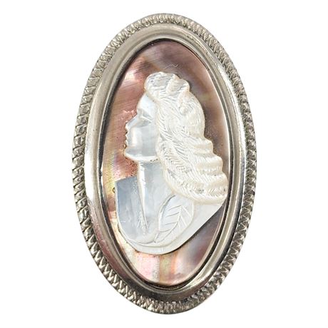 Vintage Carved Mother of Pearl  & Abalone Cameo Brooch