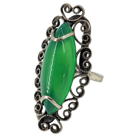Vtg Sterling Silver Filigree Green Onyx Ring, Sz 5.25