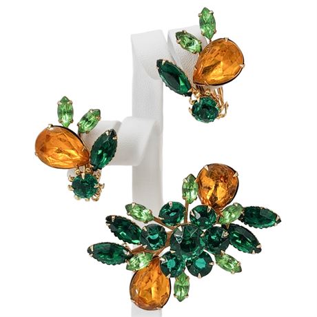 Vintage Prong Set Green & Yellow Rhinestone Brooch & Earrings