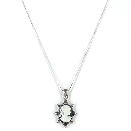 925 Sterling Silver Carved Shell Cameo Necklace, Thai Pendant, Italian Chain