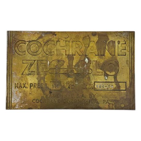Vintage Brass Cochrane Zeo-Flo Softener Industrial Brass Plaque