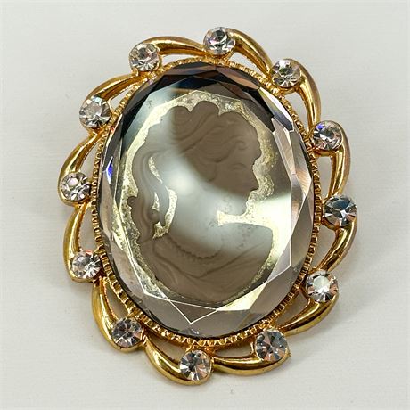 Vintage Gold-Tone Intaglio Glass Cameo Brooch
