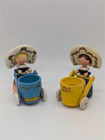 Pair Vintage Wooden Figurines Ladies With Carts Bar Harbor Maine