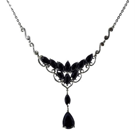 Signed Sterling Silver Black Onyx Lavalier Necklace