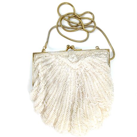 Vintage Ivory Shimmer Bead Evening Handbag with Gold-Tone Chain