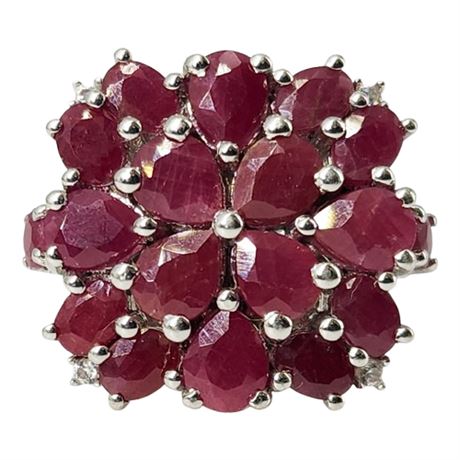 Signed DK Sterling Silver Multi-Stone Ruby Ring, Sz 8