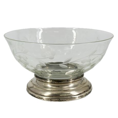 Antique Sterling Silver Base Etched Glass Condiment Bowl