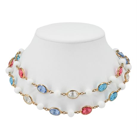 Vintage 2-Strand Open Back Rhinestones & Milk Glass Necklace