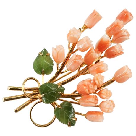 Vintage Carved Coral & Jade Flower Bouquet Brooch
