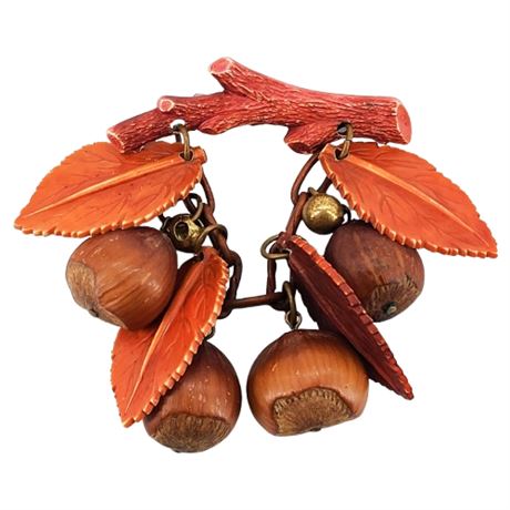 Vintage 40s Plastic Leaves and Acorns Brooch