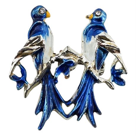 Vintage Enameled Lovebirds Brooch w/ Rhinestone Eyes