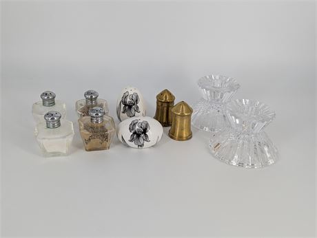 Lot 4 Salt and Pepper Shakers & Cut Glass Candlesticks