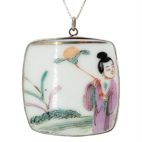 Vtg Sterling Silver Hand Painted Porcelain Shard Pendant Necklace