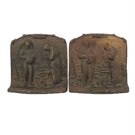 1940s Set of Cast Iron Bookends Featuring Millet's "The Angelus"
