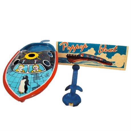 Vintage Tin Boat Toy with Instructions Made in Japan