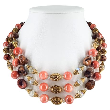 Vintage 3-Strand Peach, Gold, & Aurora Borealis Crystal Bead Necklace