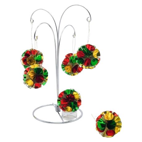 Six Vintage Atomic Foil Silver/Multi Pom-Pom Ornaments