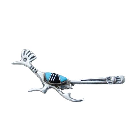 Sterling Silver Navajo ROADRUNNER Pin with Turquoise/Onyx Stone Inlay Signed M