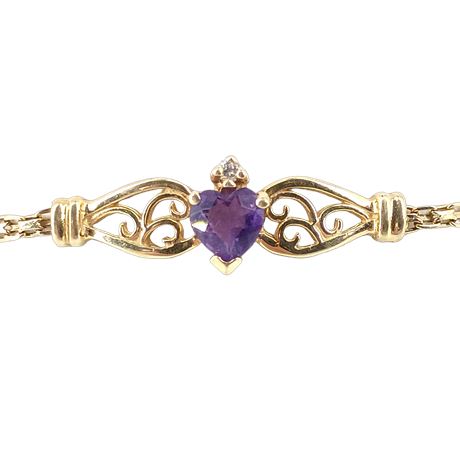 14K Gold Bracelet with Amethyst Heart and Diamond Accent