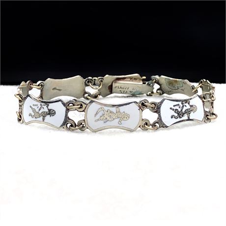 Vintage Siam Niello White Enamel Thai Goddess Sterling Silver Panel Bracelet