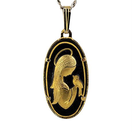Vintage Damascene Virgin Mary & Peace Dove Pendant Necklace
