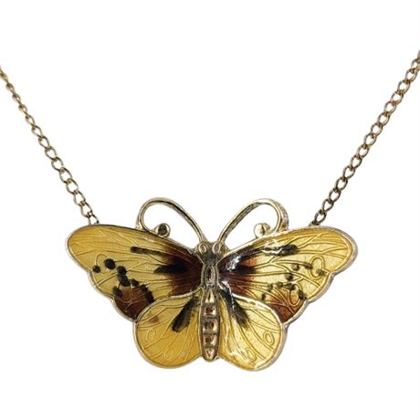Vintage Sterling Silver Enamel Butterfly Pendant on Gold Filled Chain