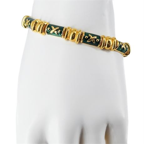 Signed Vintage JOAN RIVERS Gold Tone Green Enamel X's Bracelet