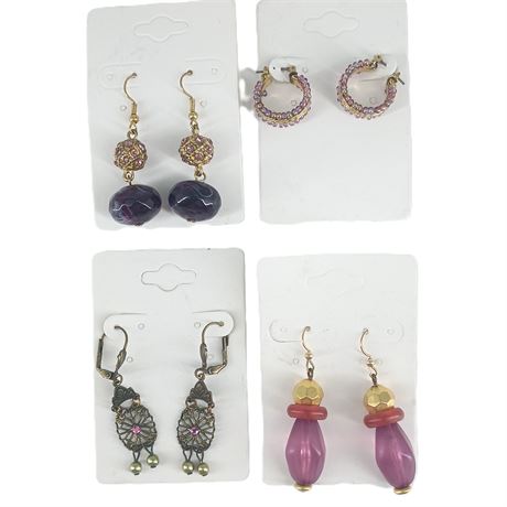 Earrings Lot - Purple Beads, Rhinestone Hoops & Filigree Dangles