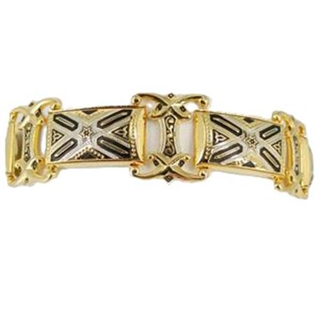 Vintage Gold Tone Enamel Link Bracelet with Safety Chain — Geometric Star Motif