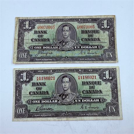 2x 1937 Canadian $1 Notes
