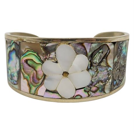 Vintage Alpaca Silver Abalone/Mother of Pearl Flower Inlay Cuff Bracelet