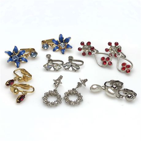 Vintage Earrings Red and Blue Rhinestone & Faux Pearl