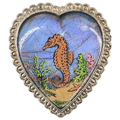 Vintage Butterfly Wing Heart Brooch w/ Seahorse Scene