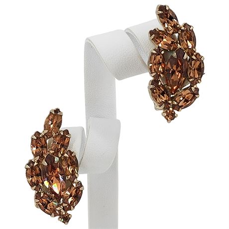 Vtg WEISS Prong Set Topaz Rhinestone Navette Clip Earrings