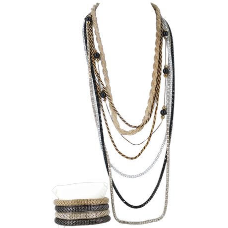 Multi-Strand Gold & Silver Tone Chain Necklace with Matching Bangle Bracelets