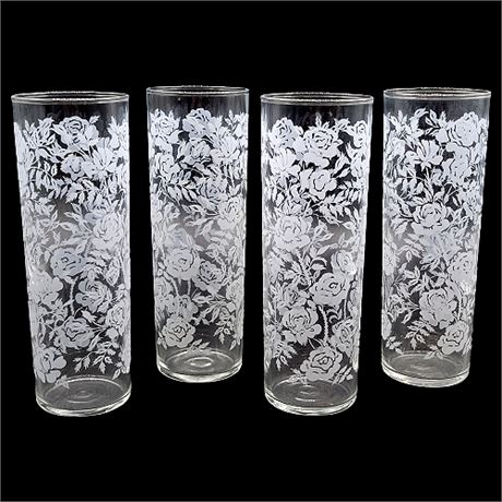 Mid-Century Libbey Glass White Rose Highball Cocktail Glasses