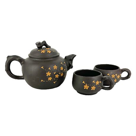 Signed Handmade Jian Shui Plum Blossom Pottery Teapot & Cups