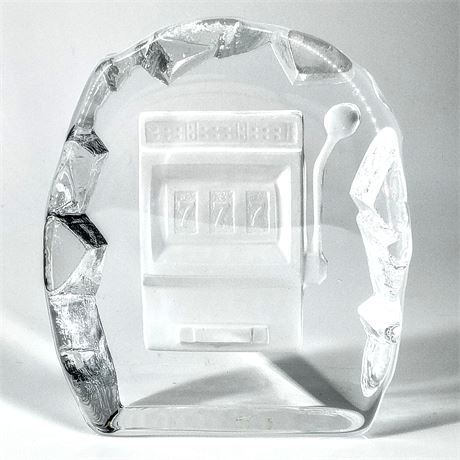 Nybro Sweden Crystal Paperweight – Slot Machine “Jackpot 777” Design, Signed
