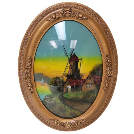 Reverse Painted Summer in Holland Convex Glass Oval Frame Windmill Lighthouse