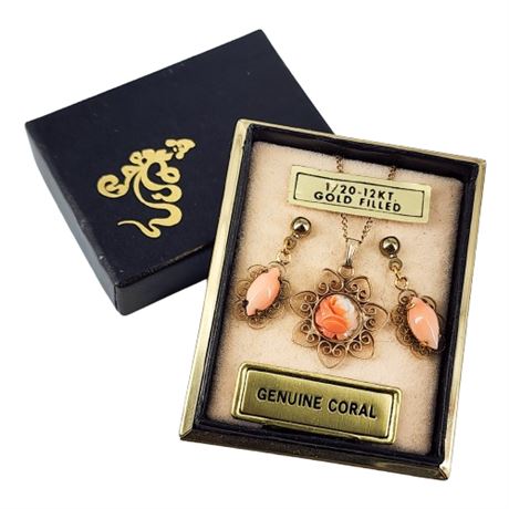 Vintage Gold Filled Genuine Coral Necklace & Earrings Set, New Old Stock