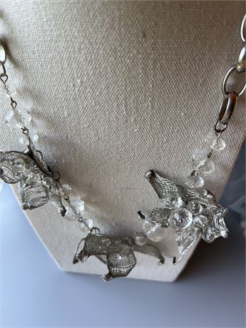Silvertone mesh flower crystal beaded necklace